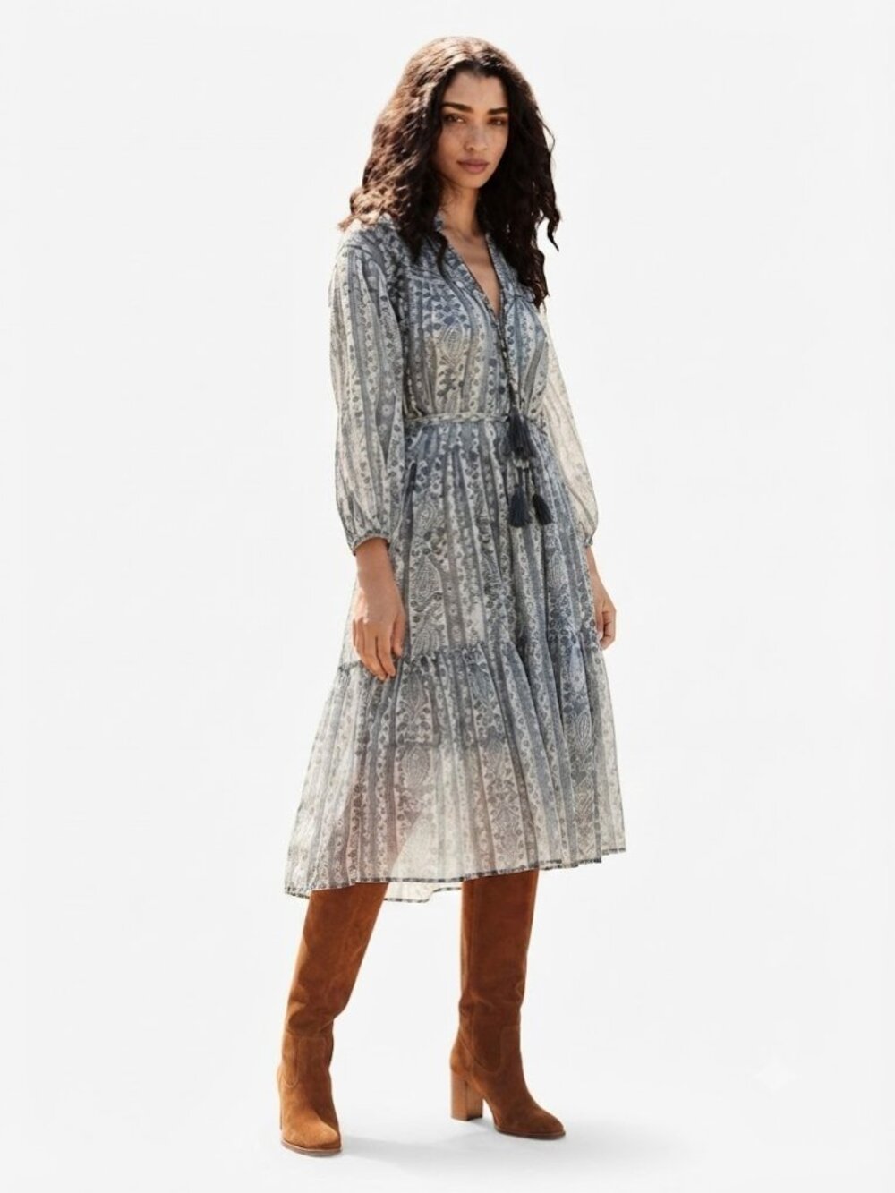 Doen Normandy Cotton Voile Midi Dress Blue Floral Paisley XS
